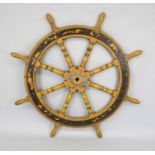 Large ship's steering wheel, 19th century, wood and iron. 8 turned spokes, bumped & rubbed, d. 120