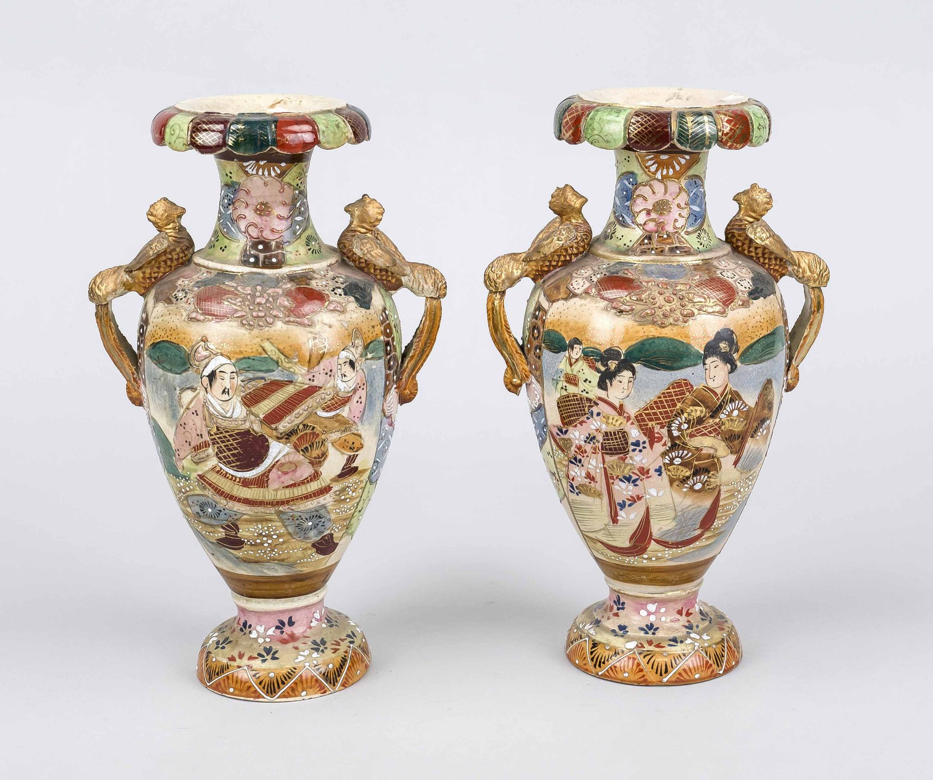 Pair of Satsuma vases, Japan c. 1900 (Meiji). Baluster shape with gold-decorated phoenix handles.