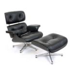 Armchair with stool, 20th century, in the style of Charles Eames, quilted black leather, 84 x 87 x