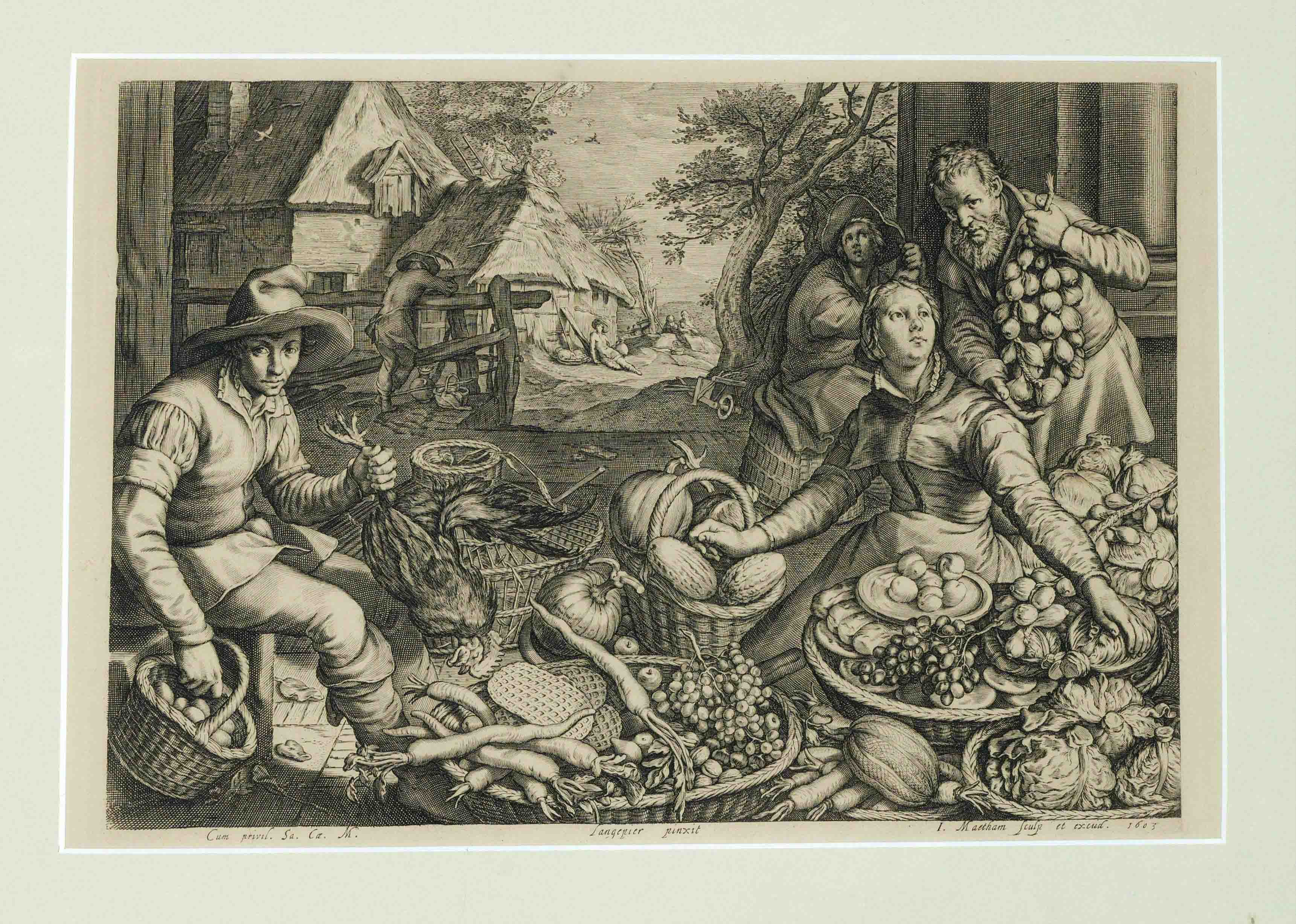 Jacob Matham (1571-1631), Market Scene, in the Background a Biblical Depiction of the Flight into