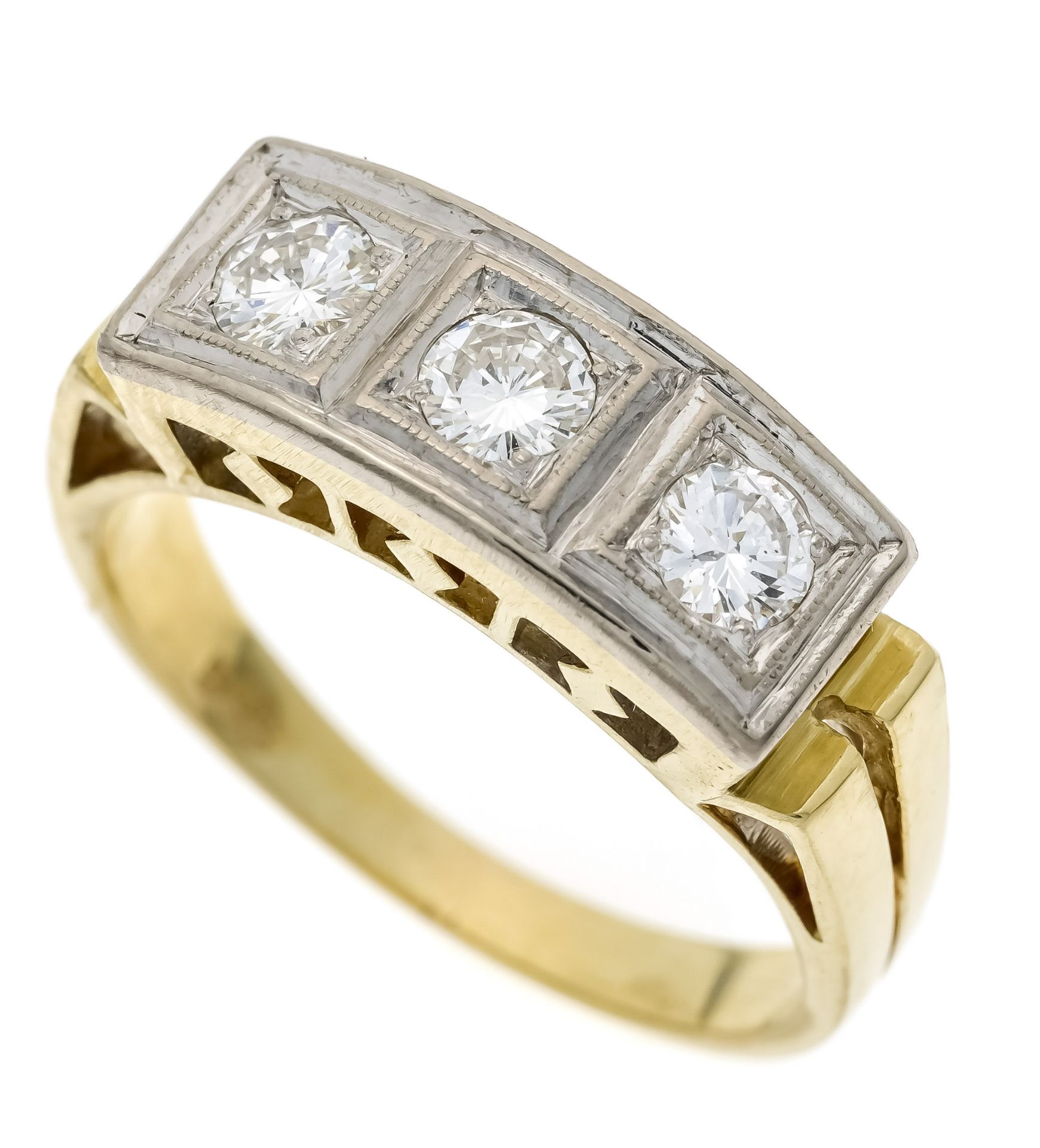 Riviére brilliant-cut diamond ring GG/WG 585/000 with 3 brilliant-cut diamonds, total 0.60 ct fine