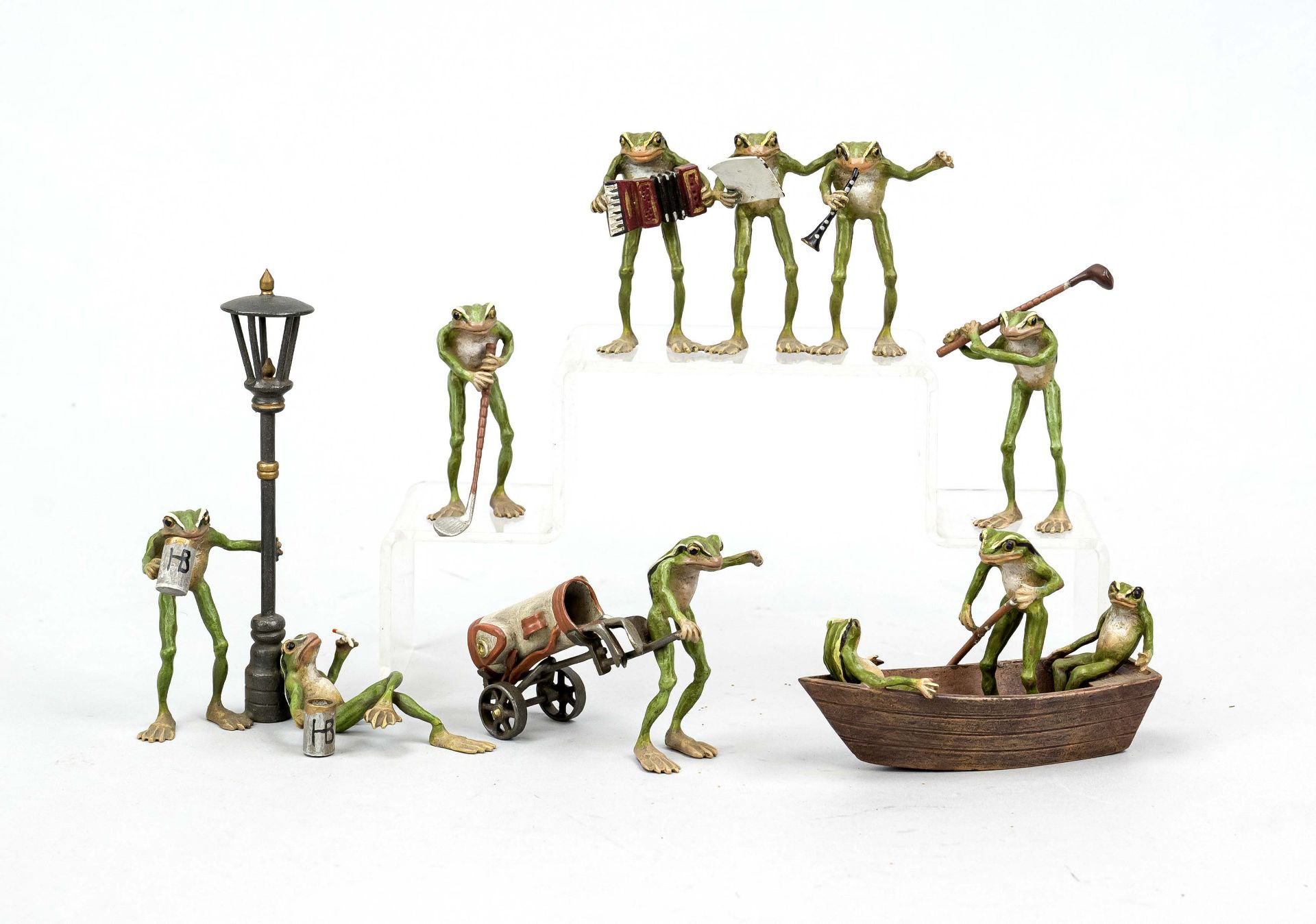 Anthropomorphic group of frogs in the style of Viennese bronzes, 20th century, 6 pieces, frogs