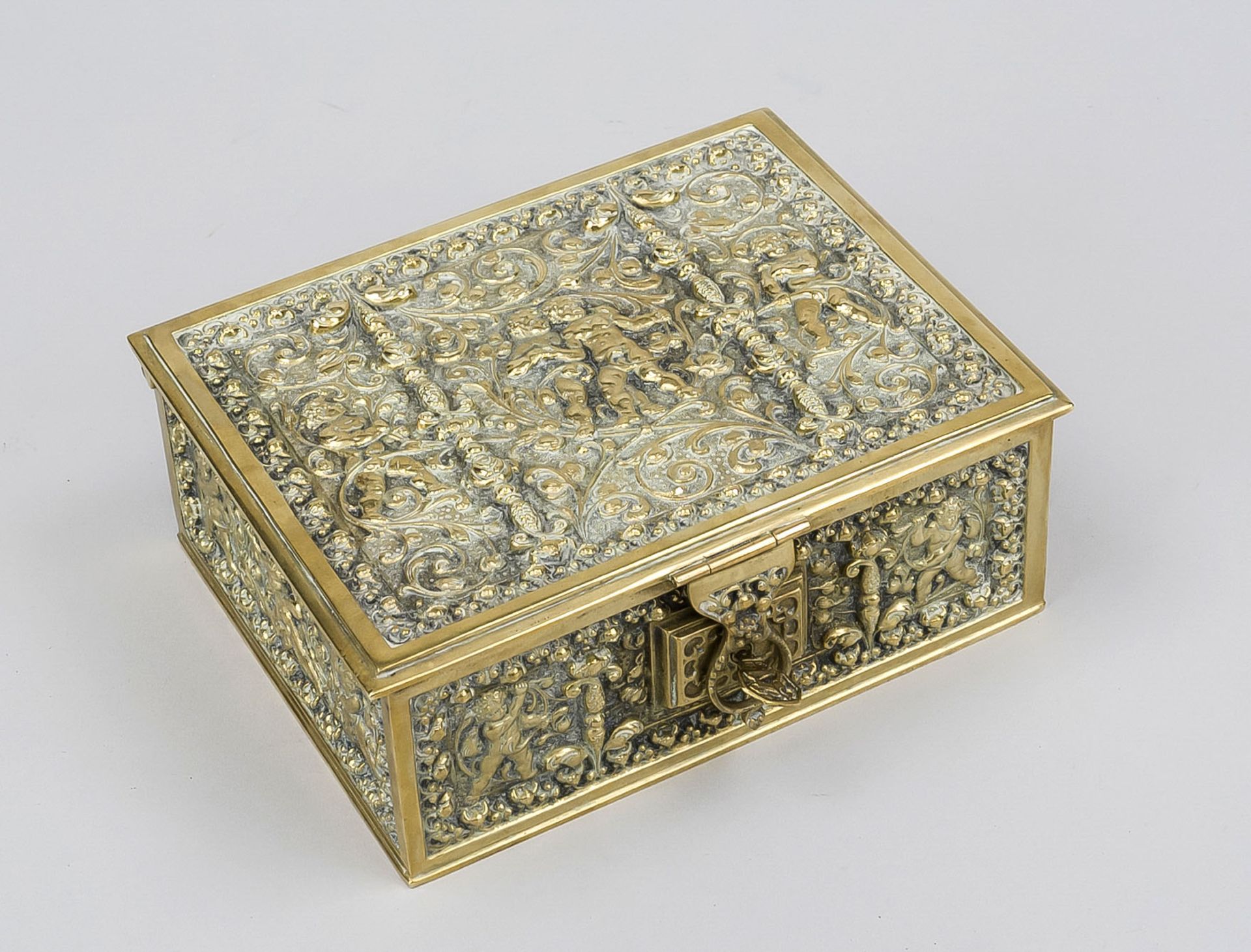 Erhard & Söhne casket, Germany around 1900, brass. Rectangular body with hinged lid and relief