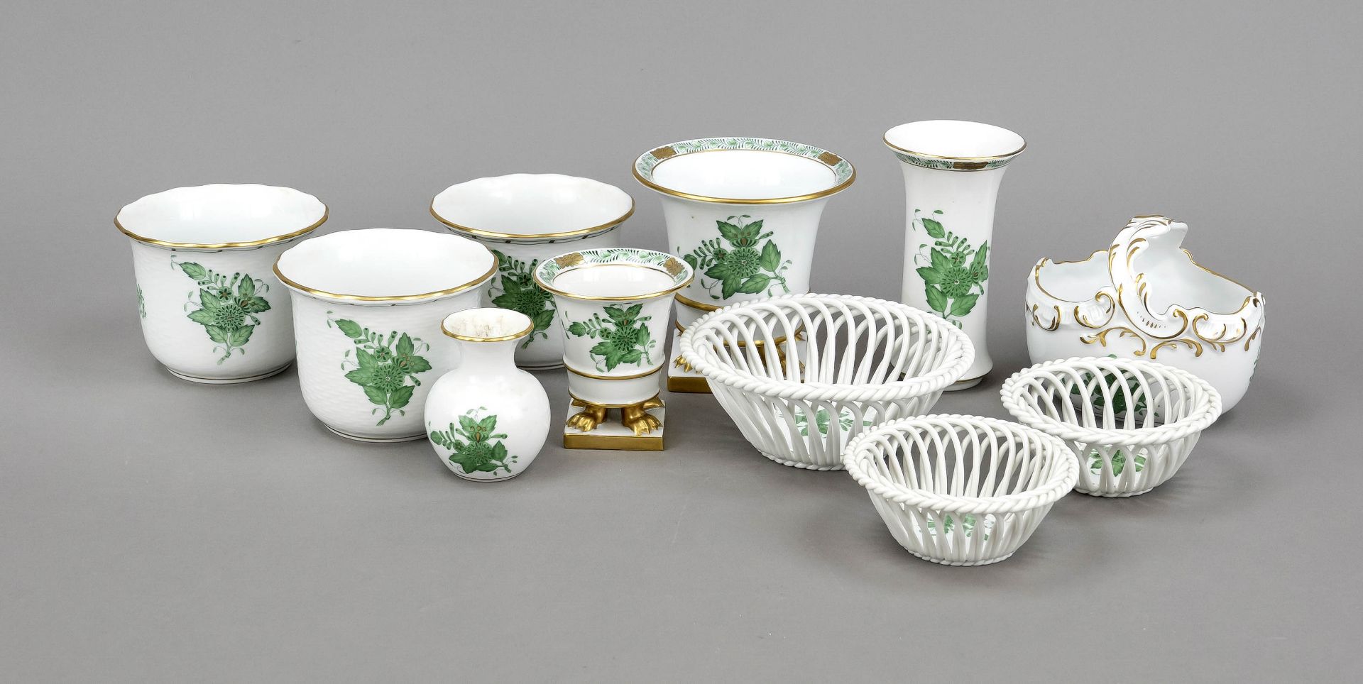 Mixed lot Herend, 11-piece, mark after 1967, Ozier shape, Apponyi decoration in green, ornamental
