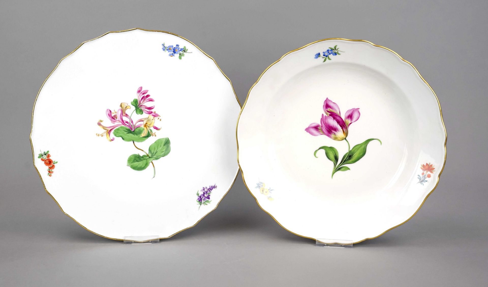Cake plate and bowl, Meissen, 20th century, New cut-out shape, polychrome floral painting, flower