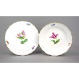 Cake plate and bowl, Meissen, 20th century, New cut-out shape, polychrome floral painting, flower