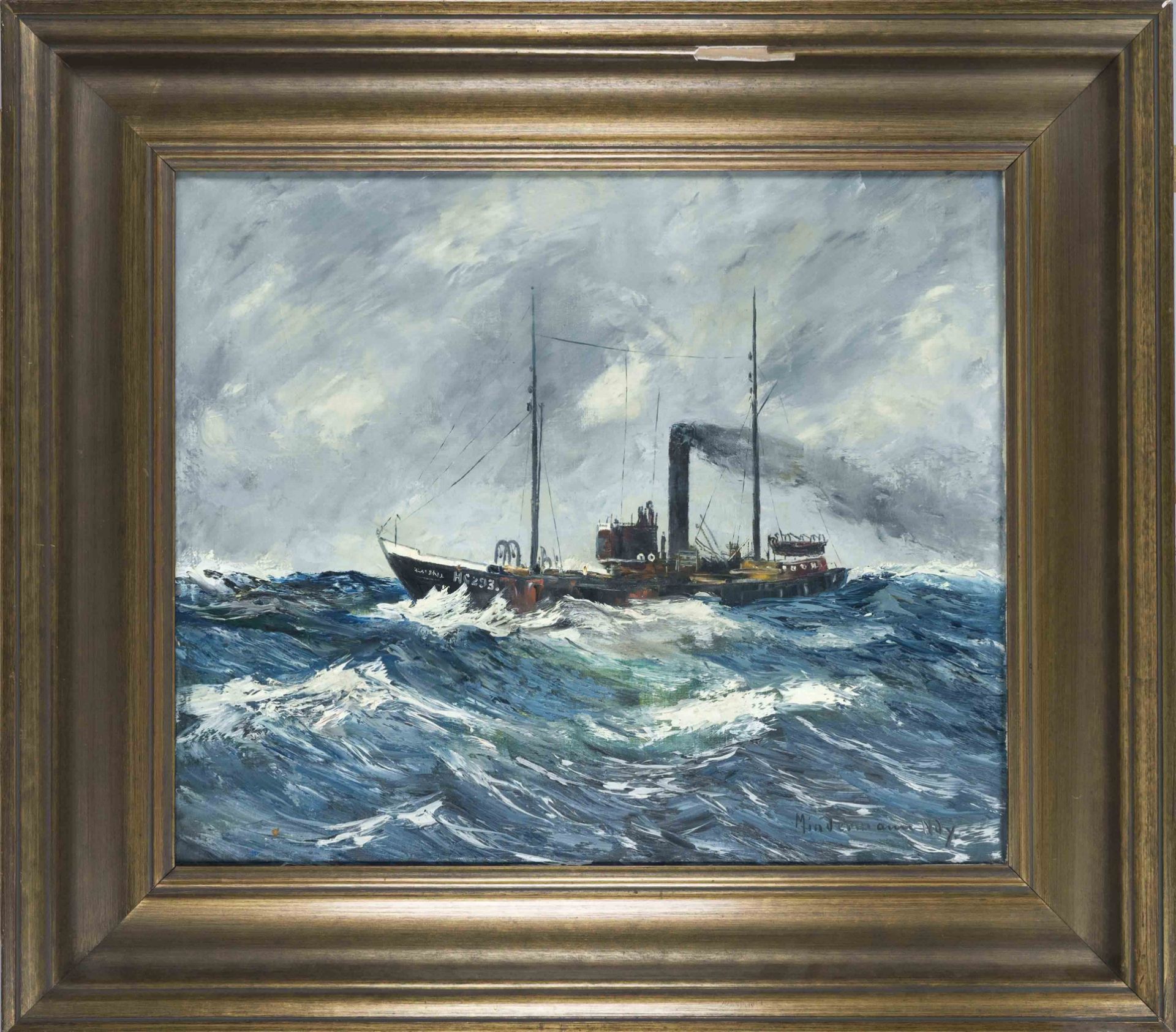 Heinz Mindermann (1872-1959), Bremen marine painter, Steamer on a stormy sea, oil on canvas,