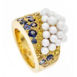 Sapphire-akoya pearl ring GG 750/000 with 24 excellent akoya pearls 5 - 4.5 mm creamy white with