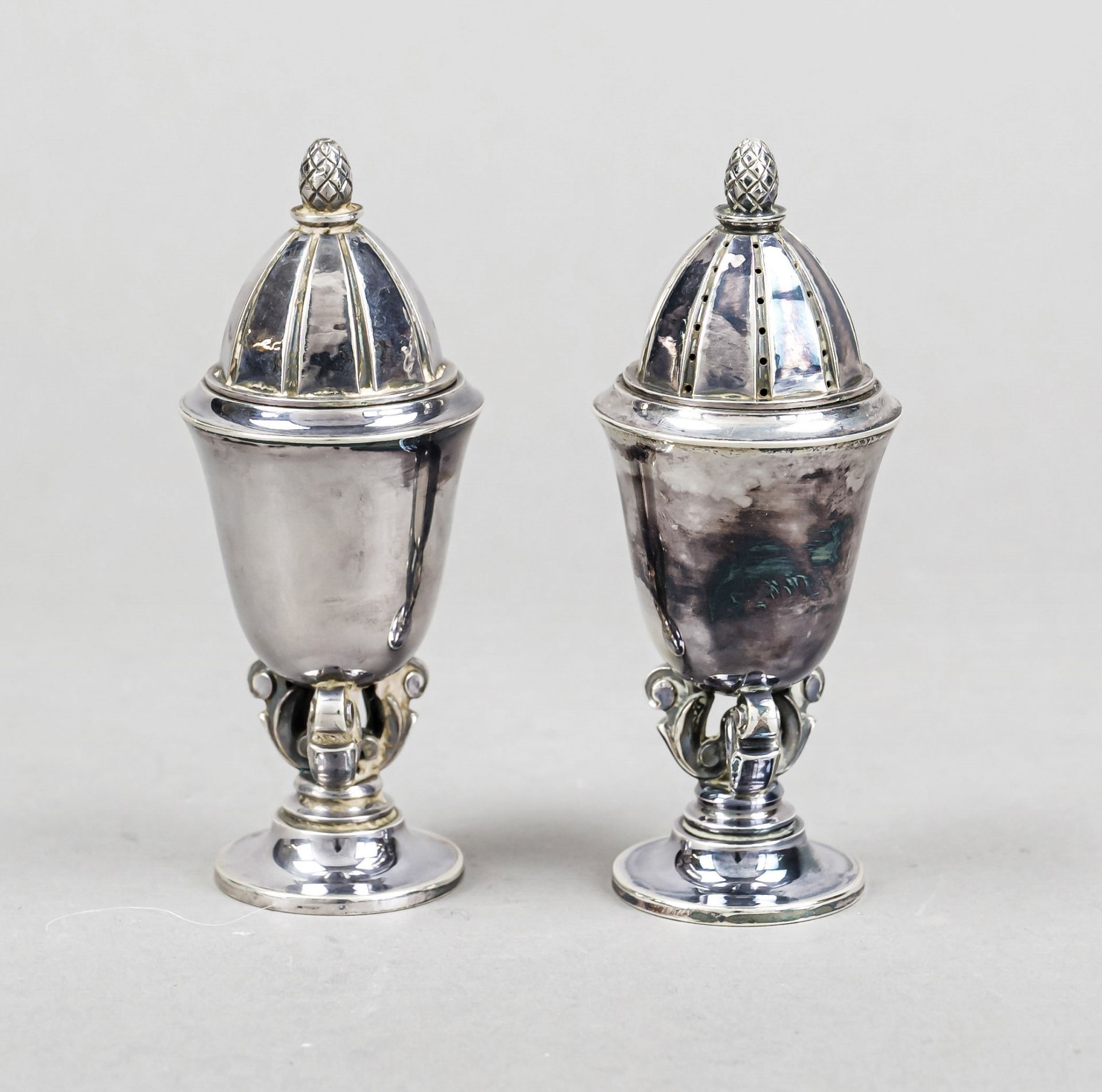 Pair of shakers, Denmark, mark after 1945, maker's mark Georg Jensen, Copenhagen, sterling silver