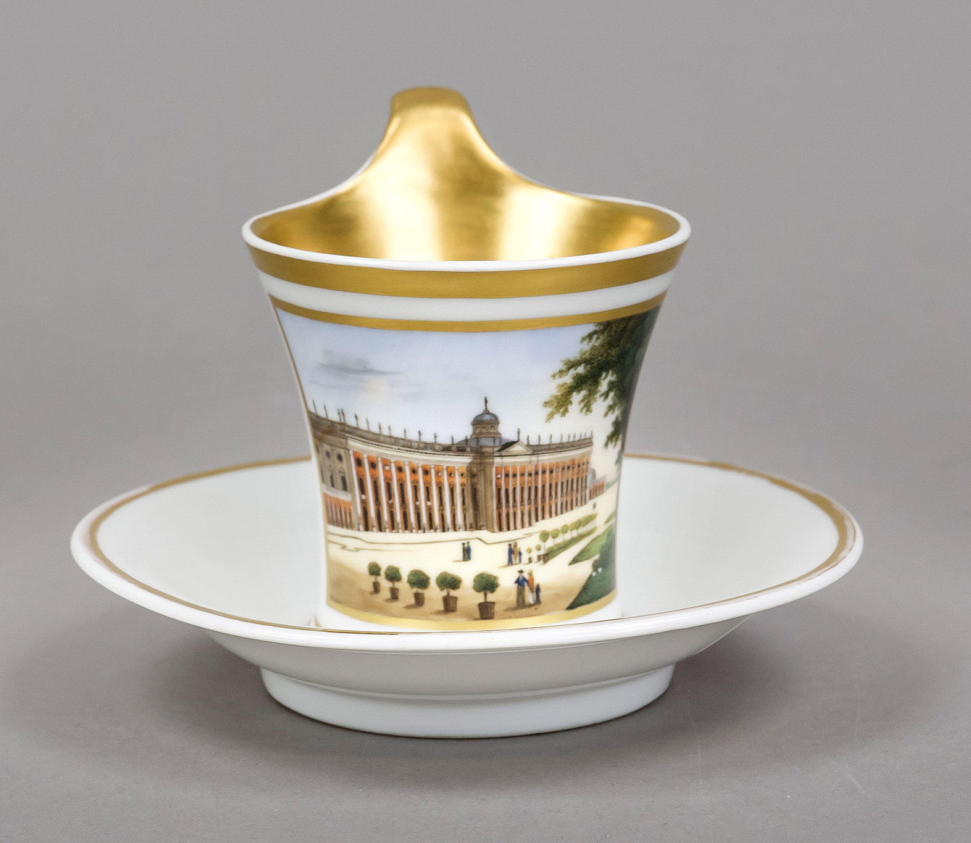 A view cup and saucer, KPM Berlin, mark 1830-40, 1st choice, Calathos form with raised campanile