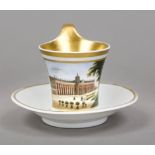 A view cup and saucer, KPM Berlin, mark 1830-40, 1st choice, Calathos form with raised campanile