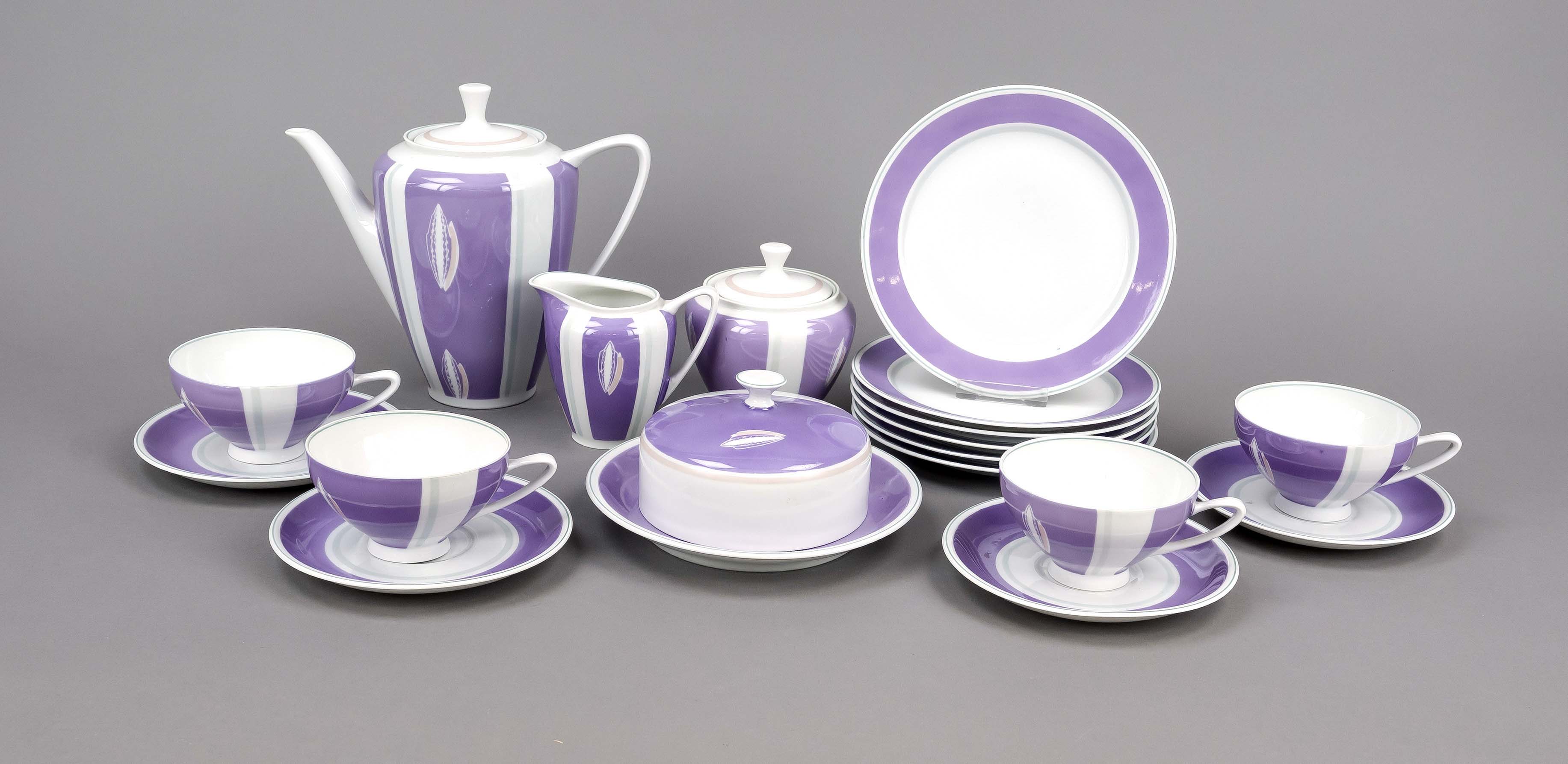 Tea service, 21-piece, Reichenbach, Thuringia, mark 1949-1969, violet decoration, teapot, h. 22