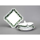Bowl and sauce boat, Meissen, decorated with vine leaves in underglaze green, sauce boat with