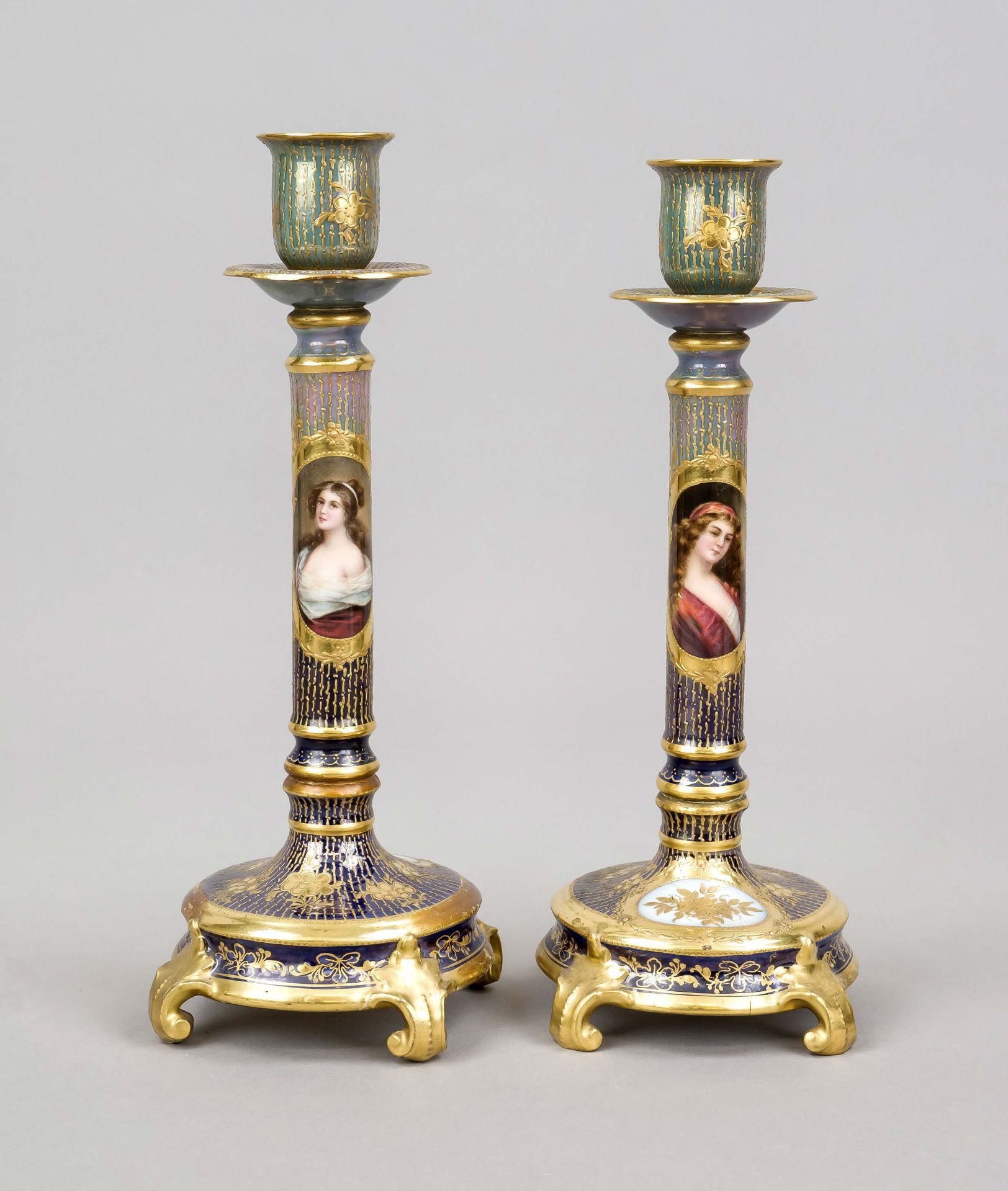 Pair of candlesticks, Carl Thieme, Potschappel, mark after 1918, round base on 4 volute feet,