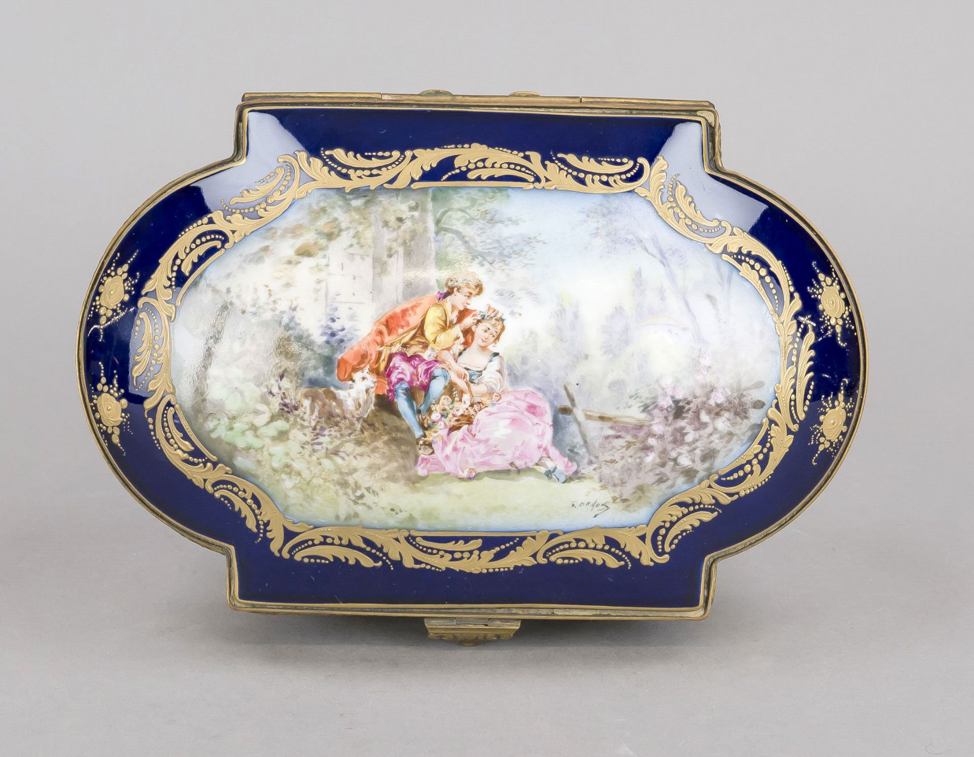 Lidded box, w. Sevres, 19th century, oval body with bulging lid, on the lid a pair of shepherds, - Image 2 of 4