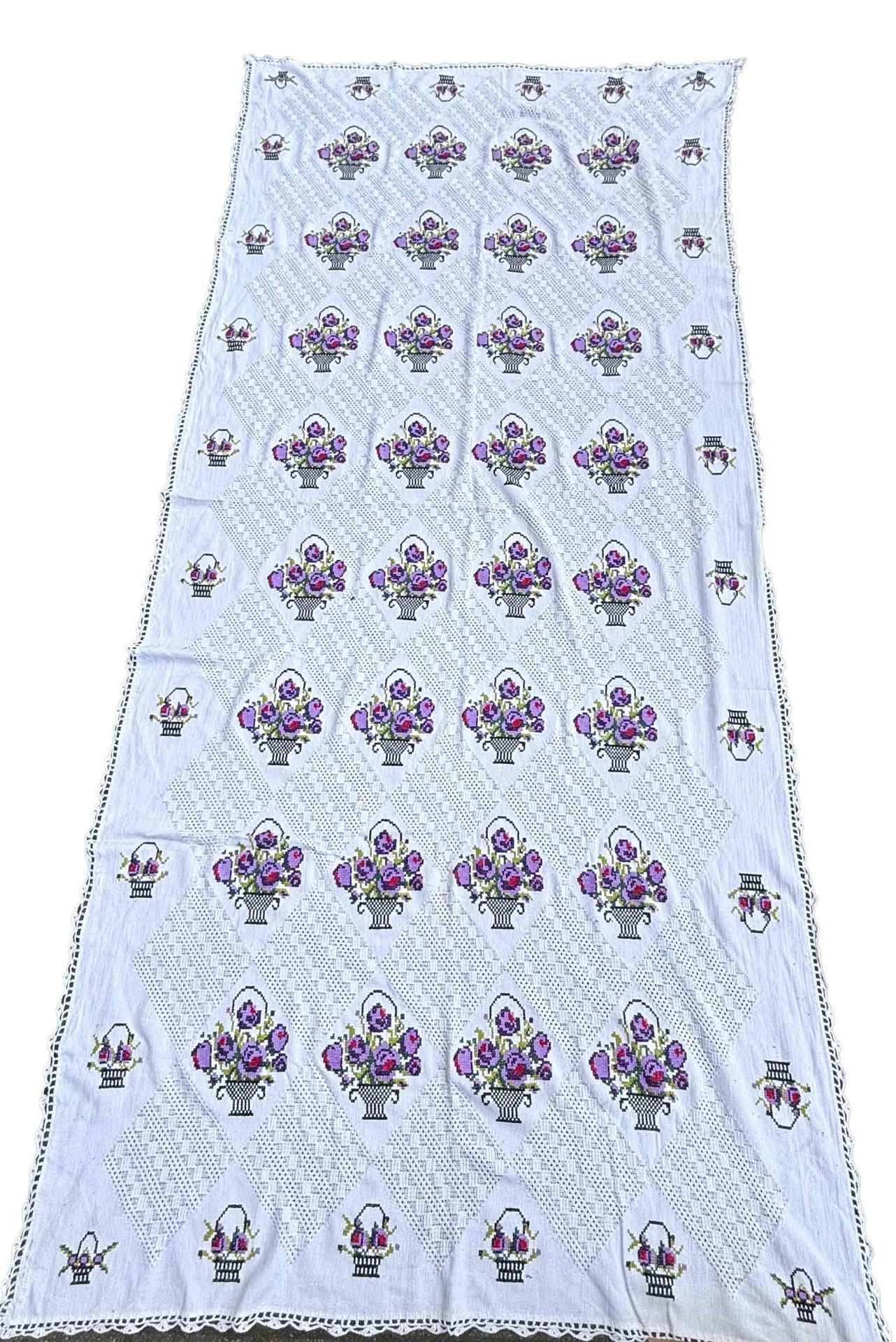 Tablecloth, 19th/20th century, embroidered, stained, 140 x 320 cm