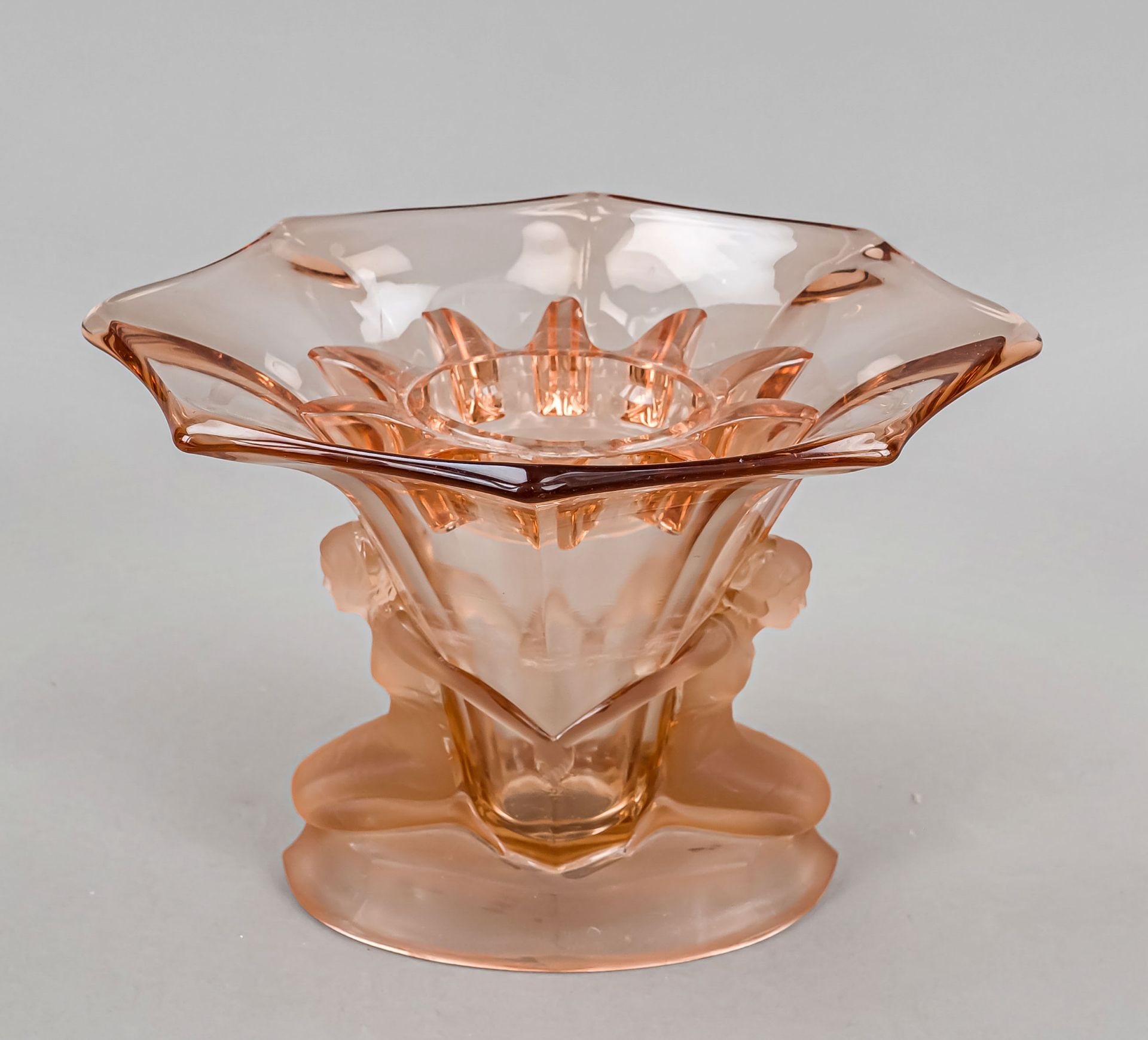 Art Deco vase, c. 1930, oval stand, funnel-shaped body flanked by 2 sculptural female figures,