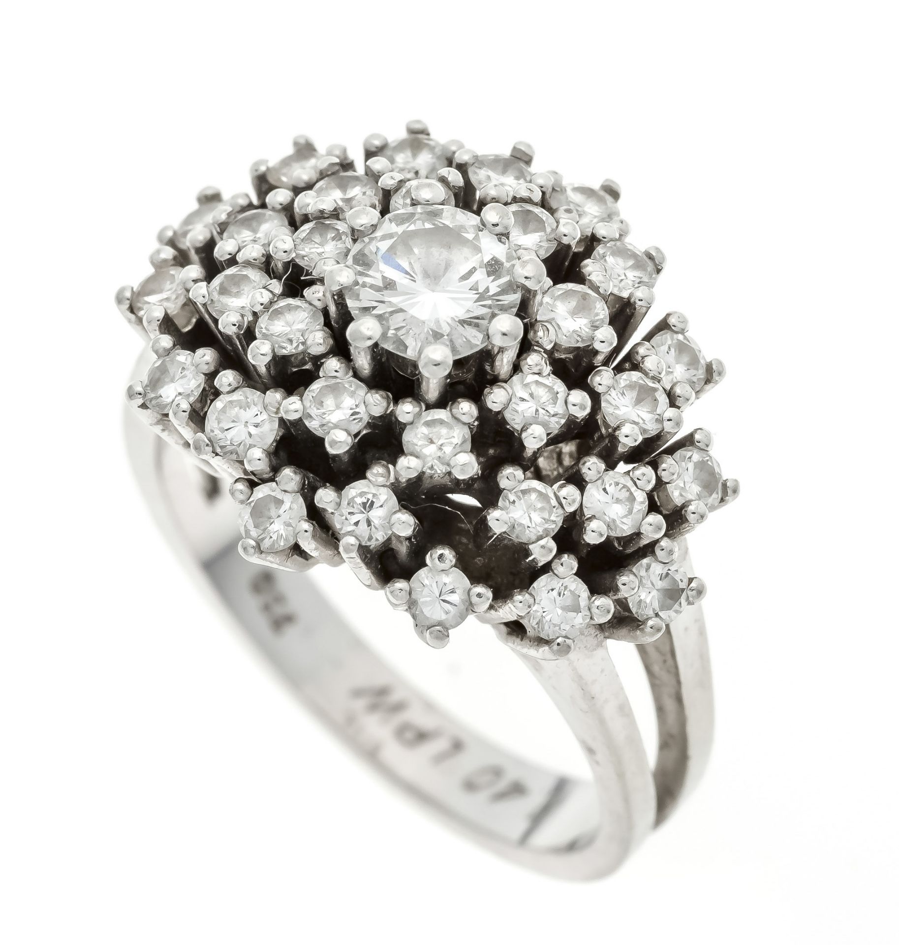 Brilliant ring WG 750/000 with 31 brilliant-cut diamonds, total 1.40 ct W/flawless (hallmarked),