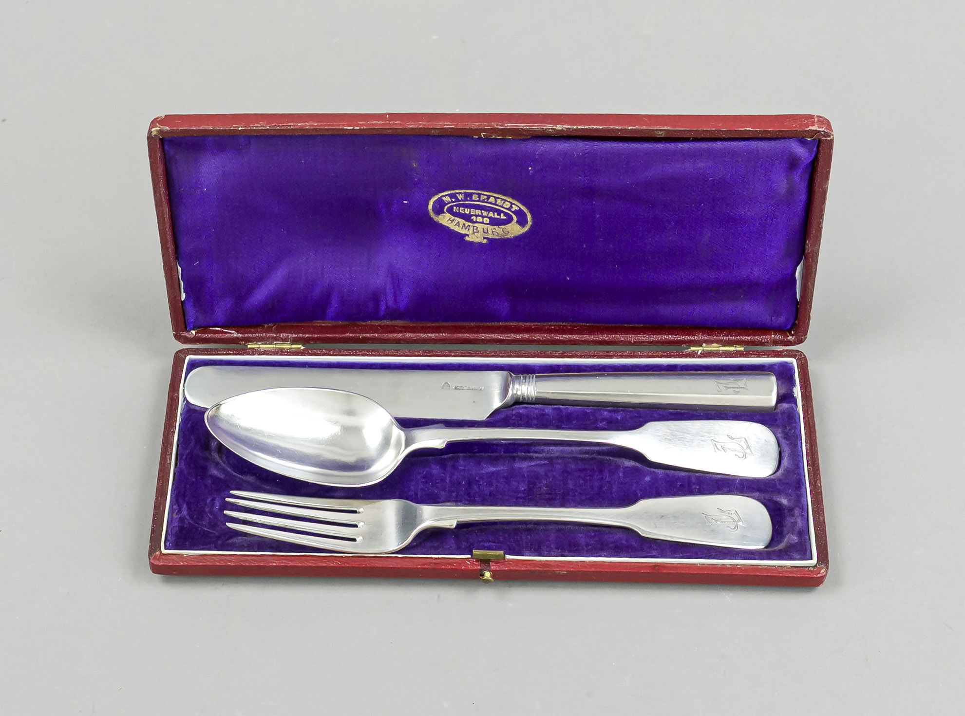 Three-piece travel cutlery set in a case, German, mark 1853-65, inspection mark Hamburg, master's