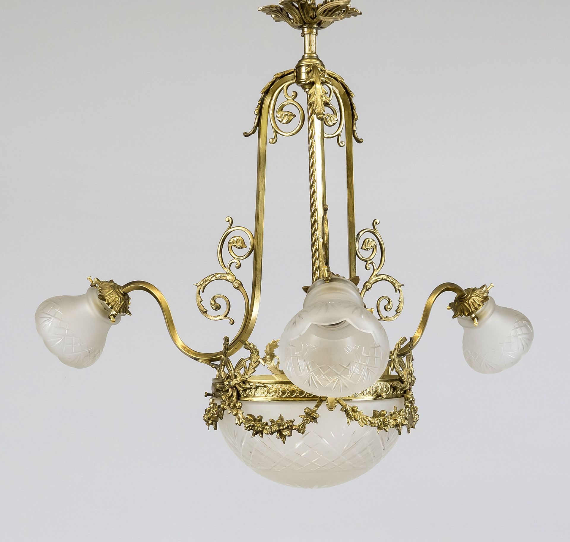 Ceiling lamp, late 19th century Ornamented brass wreath with garland on a three-pass frame with - Image 2 of 3