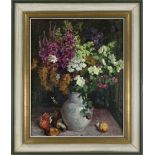 Anonymous artist 1st half 20th century, Still life of flowers with mushrooms and fruits, oil on