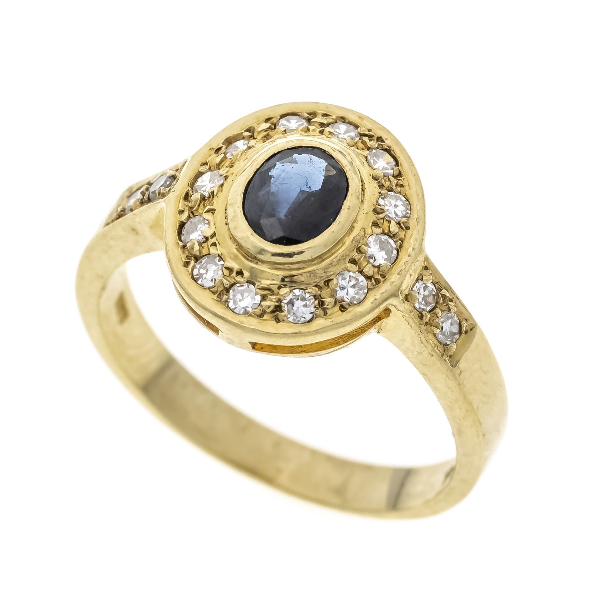 Sapphire-diamond ring GG 585/000 with an oval faceted sapphire 5 x 4 mm and 16 octagonal diamonds,