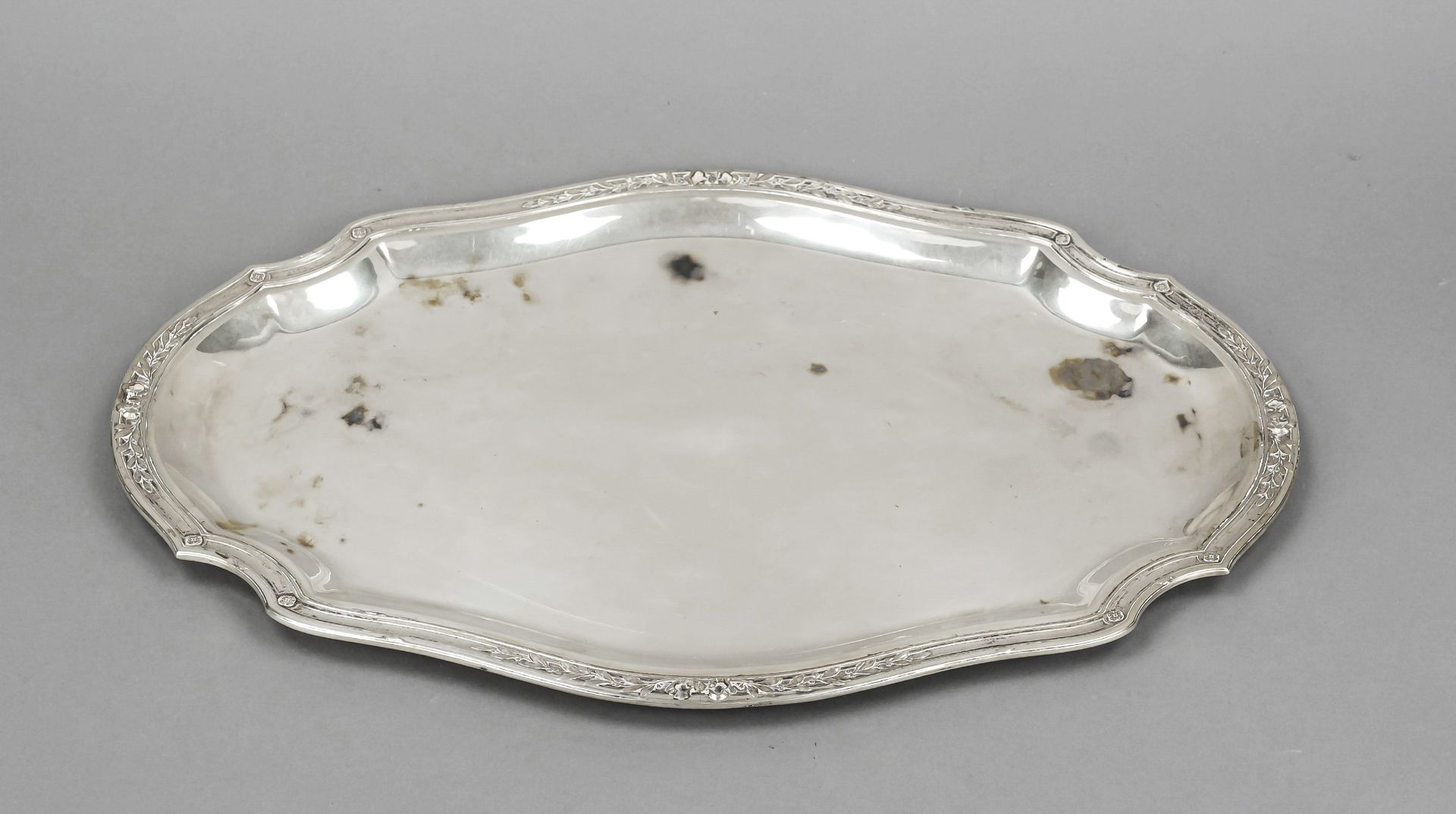 A curved oval tray, German, 20th century, maker's mark Bruckmann & Söhne, Heilbronn, silver 800/000,