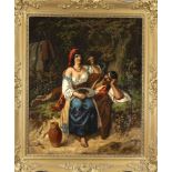 Gustav Bartsch (1821-1906), Landscape with an Italian couple in front of a tent. While the man