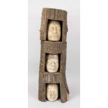 Herbert König (1956-2023), sculptor from Suhl, 3 tree heads, natural tree trunk segments with sawn-