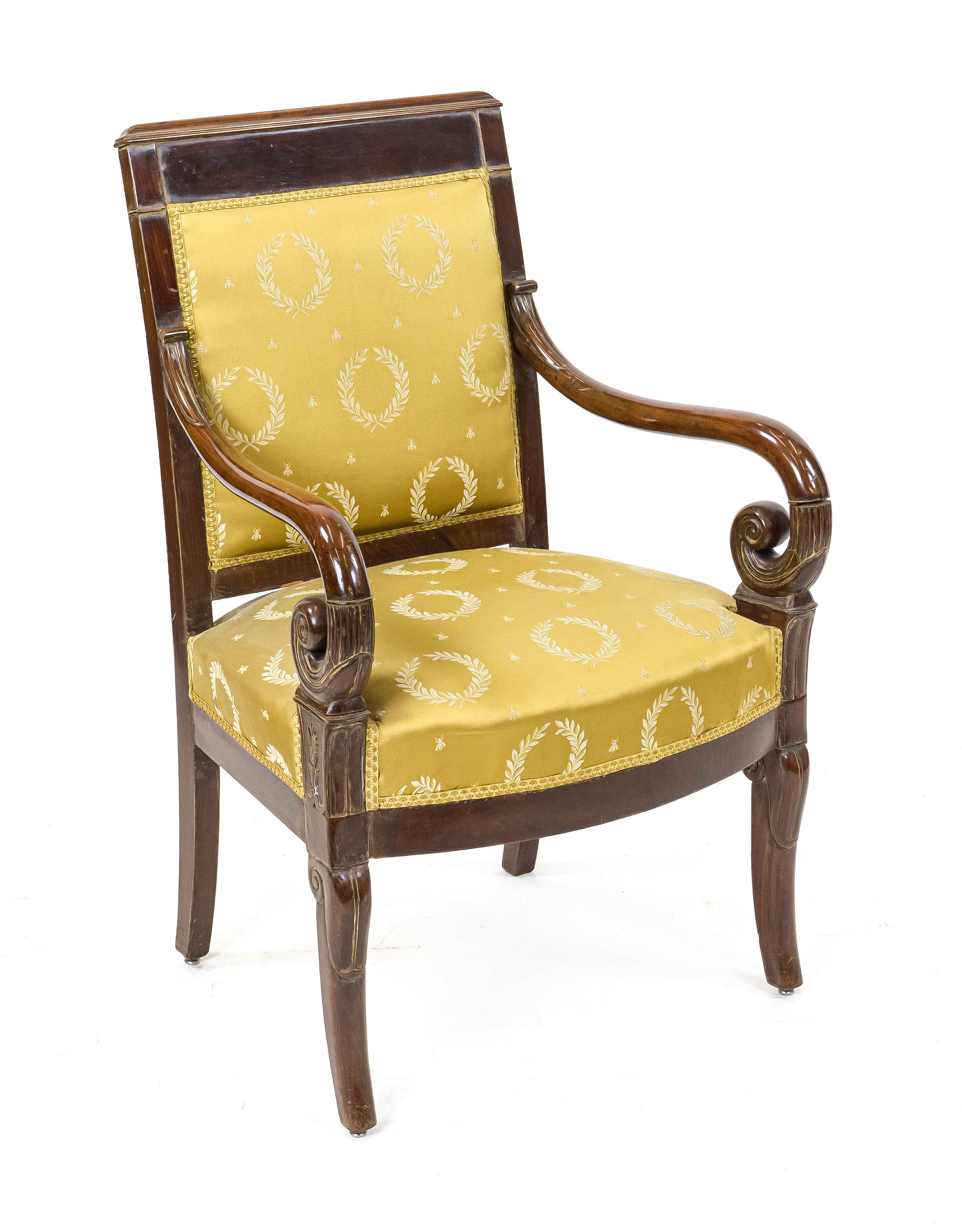 Empire armchair, circa 1820, mahogany, partly carved, yellow upholstery, 95 x 63 x 50 cm - This