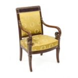 Empire armchair, circa 1820, mahogany, partly carved, yellow upholstery, 95 x 63 x 50 cm - This