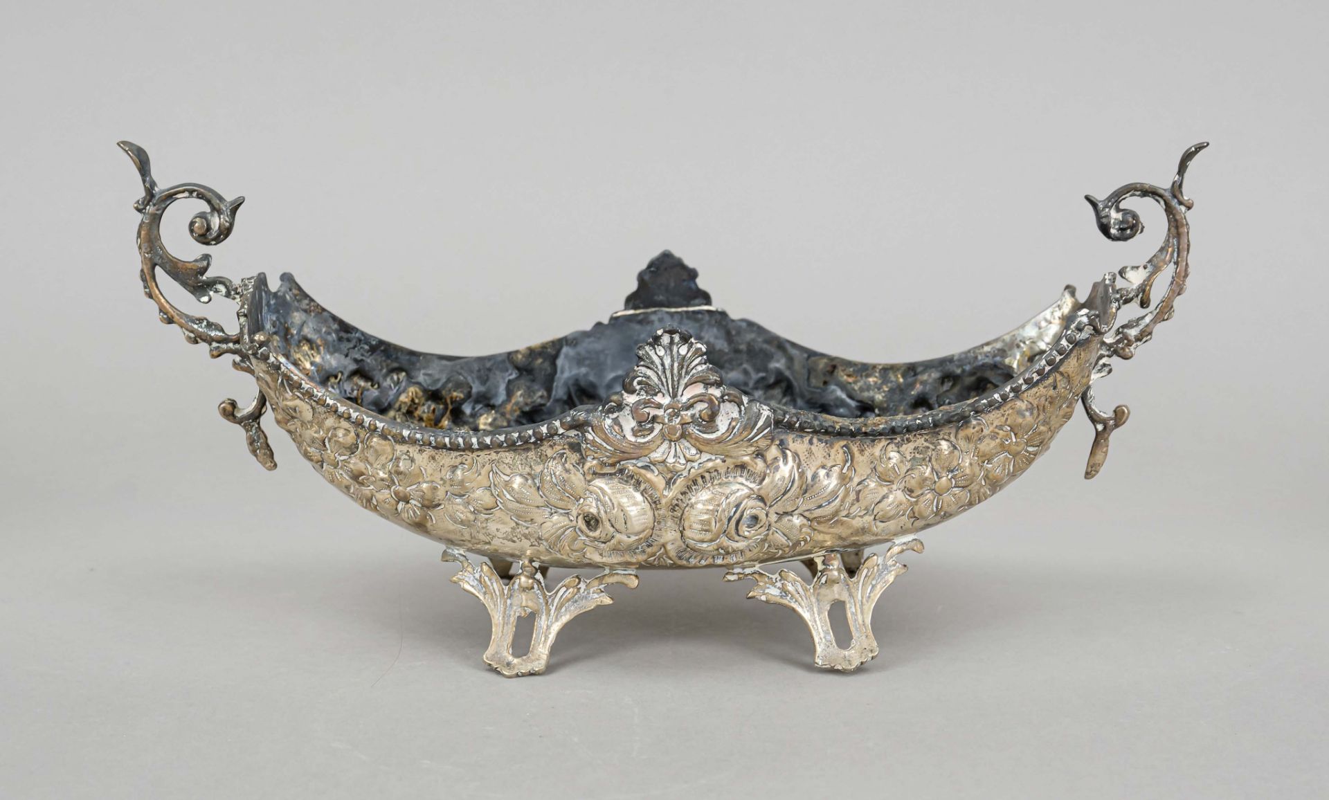 Jardiniere, 20th century, silver 800/000, on 4 feet, boat-shaped body, applied handles to the sides,