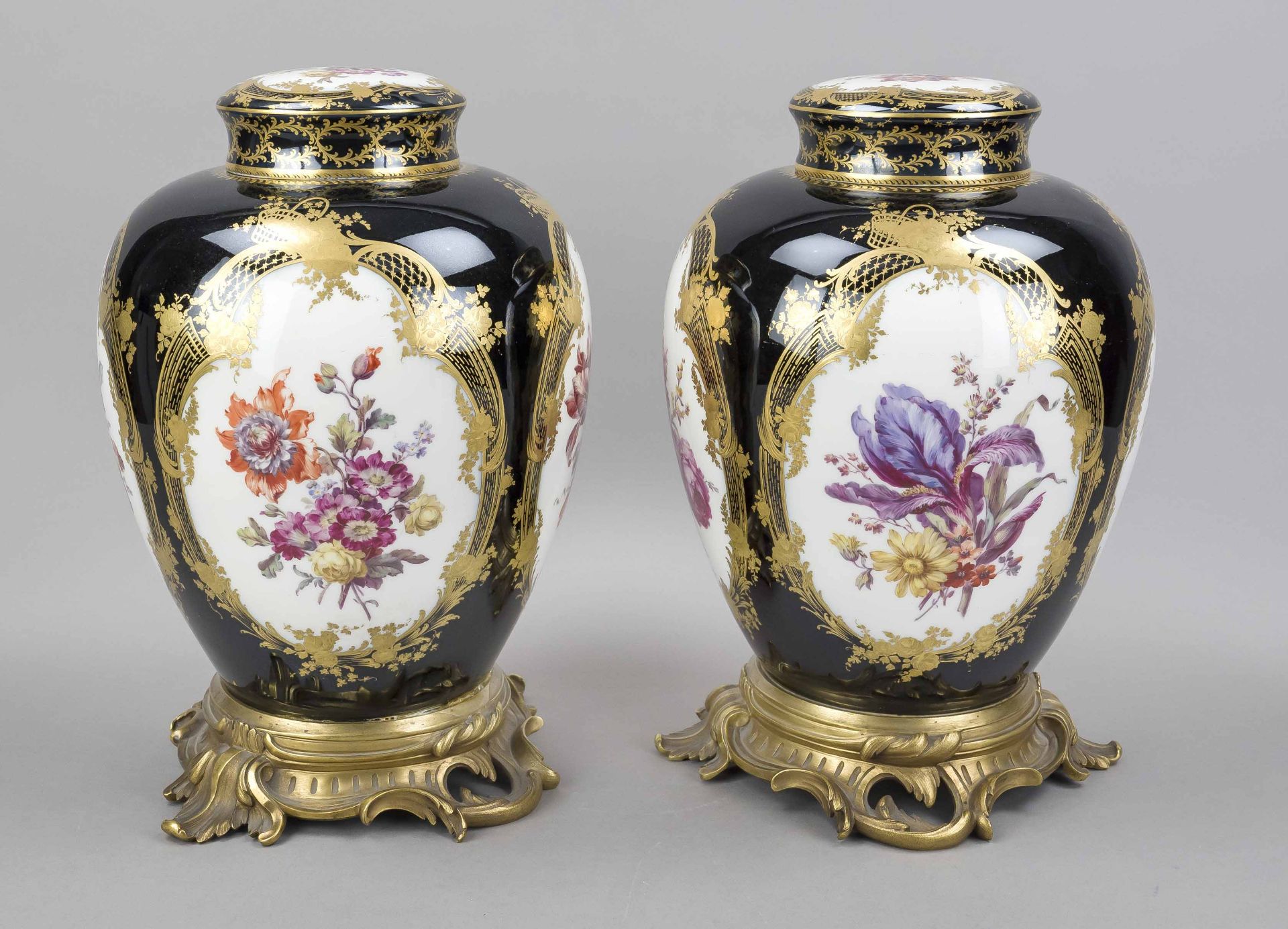 A pair of urn vases, KPM Berlin, mark 1870-1945, 1st choice, red imperial orb mark, bulbous form - Image 4 of 5