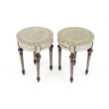 Pair of oriental side tables, 20th century, geometric marquetry of mother-of-pearl and bone on a