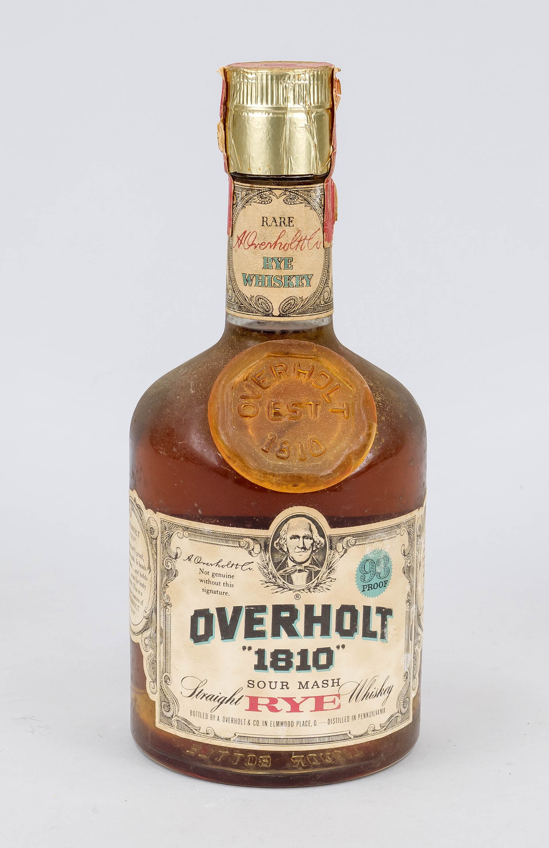 Overholt wiskey bottle, ca. 1960s. ''Overholt 1810 Sour Mash Straight Rye Whiskey'', Distilled in