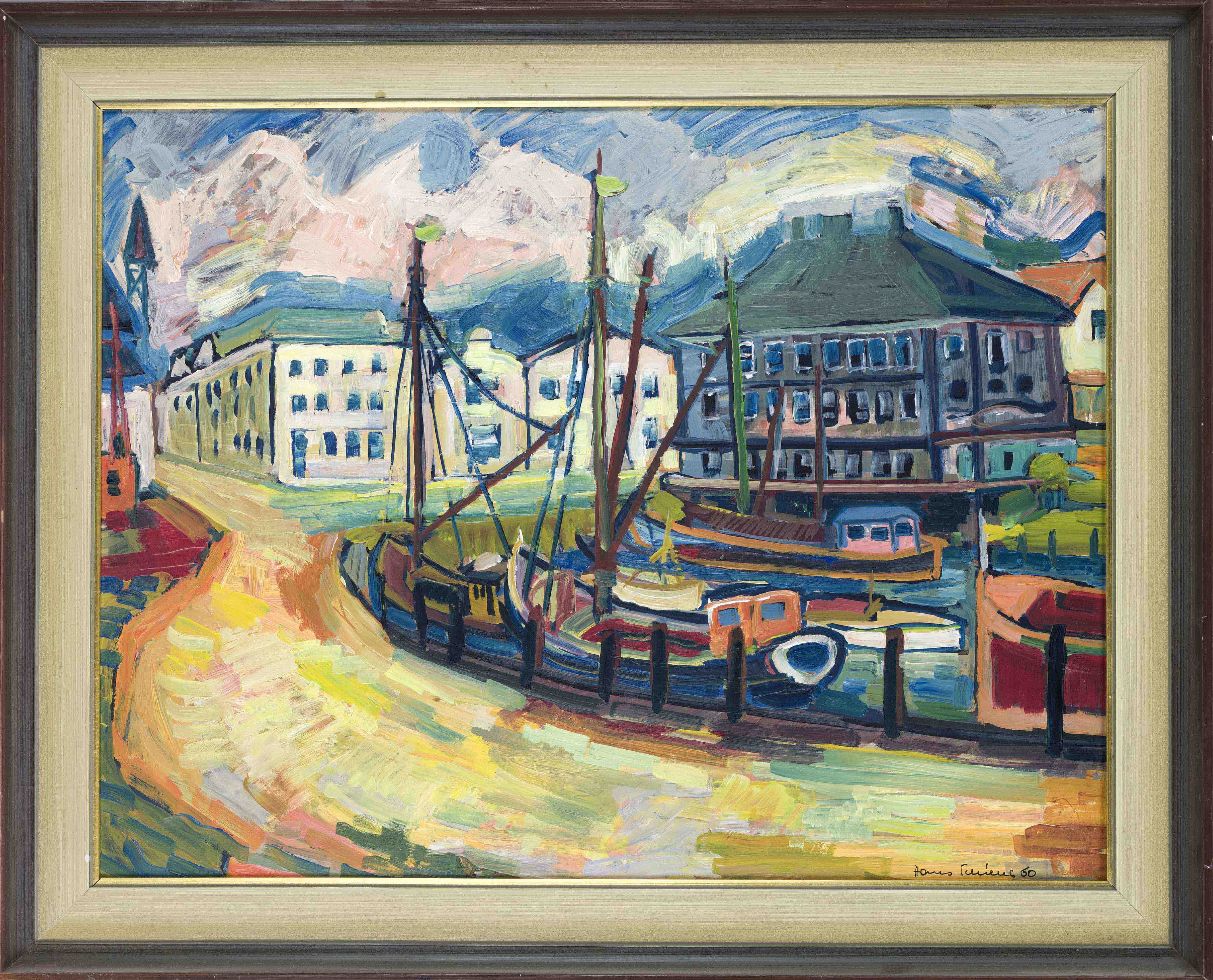 Hans Schiens, mid 20th century, expressive harbor view, oil on hardboard, signed and dated (19)60