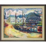 Hans Schiens, mid 20th century, expressive harbor view, oil on hardboard, signed and dated (19)60