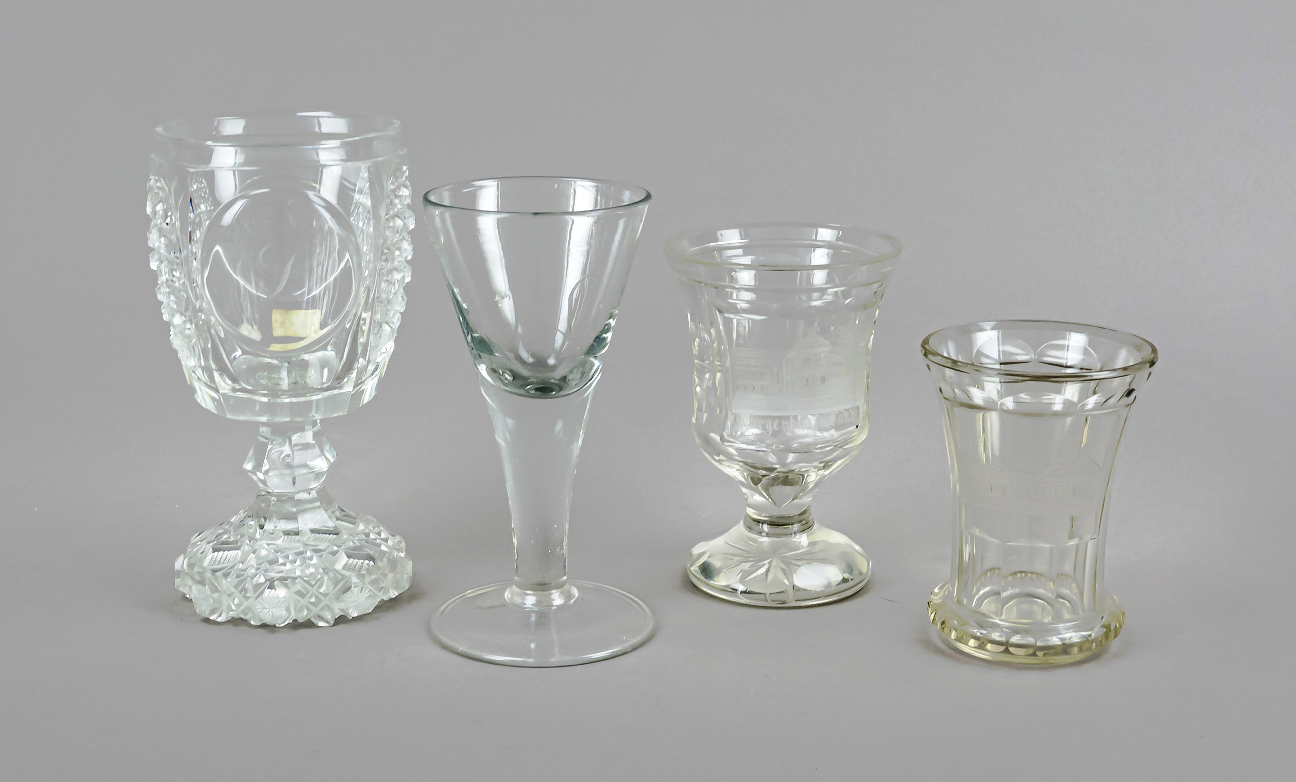 Four glasses, 19th/20th century, various shapes and sizes, 1 watchman, 2 footed glasses and 1