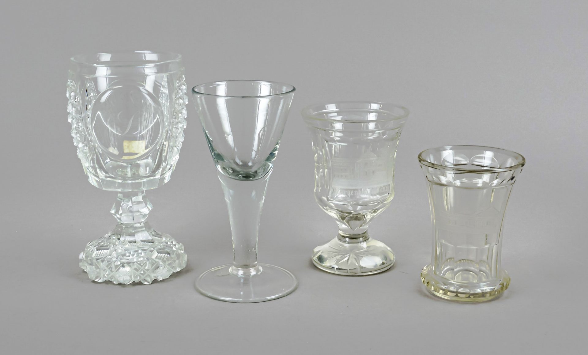 Four glasses, 19th/20th century, various shapes and sizes, 1 watchman, 2 footed glasses and 1