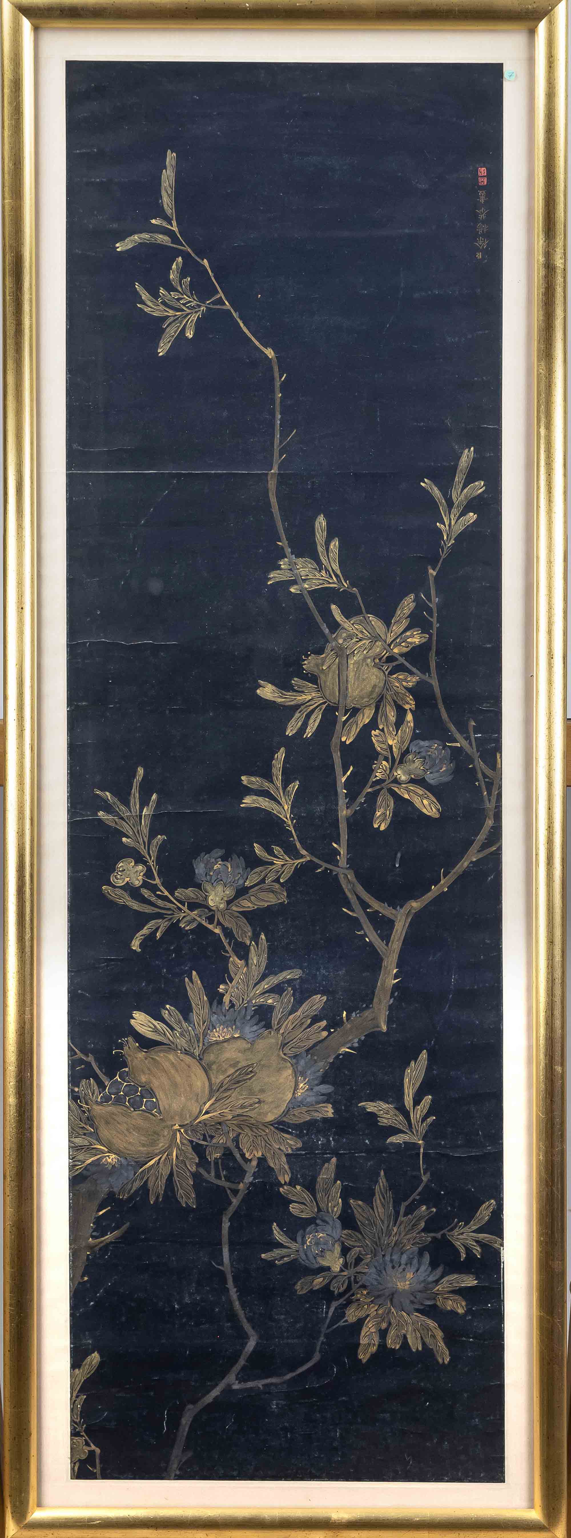 Ink painting with pomegranates, probably Japan. Gold ink on black ground (paper). Inscribed and