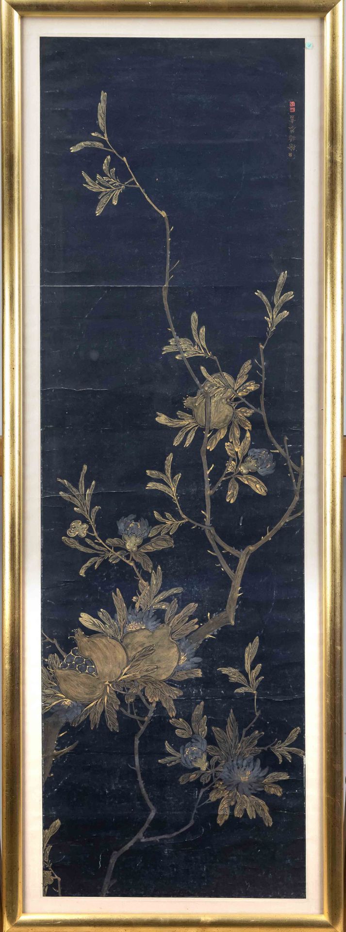 Ink painting with pomegranates, probably Japan. Gold ink on black ground (paper). Inscribed and