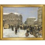 W. Herrmann, German artist c. 1900, urban market scene in the snow, oil on canvas, signed lower