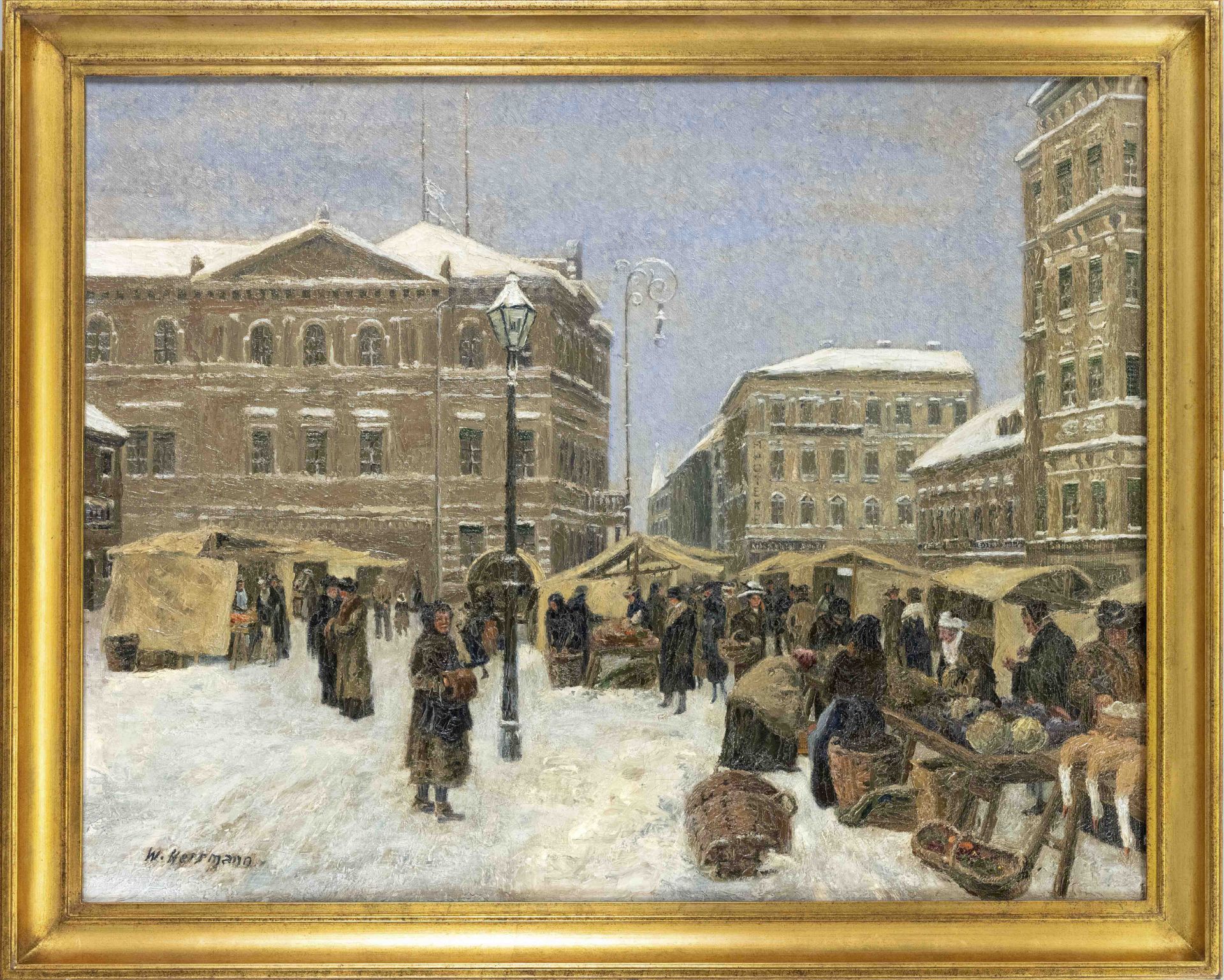 W. Herrmann, German artist c. 1900, urban market scene in the snow, oil on canvas, signed lower