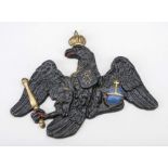 Wall relief Prussian eagle, 19th century, cast iron, painted, monogram ''FR'' Fredericus Rex in