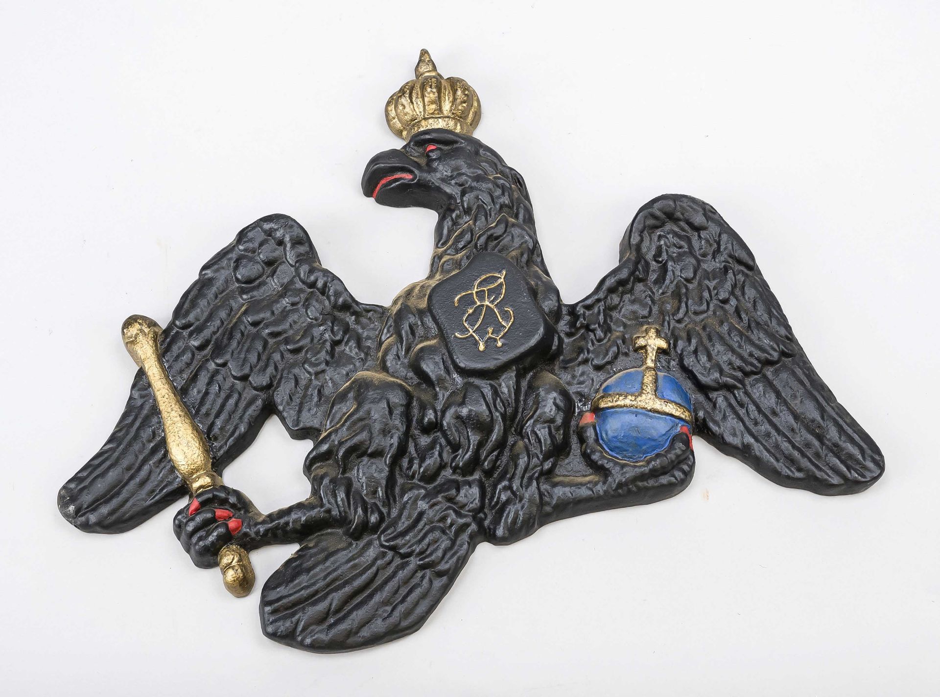 Wall relief Prussian eagle, 19th century, cast iron, painted, monogram ''FR'' Fredericus Rex in