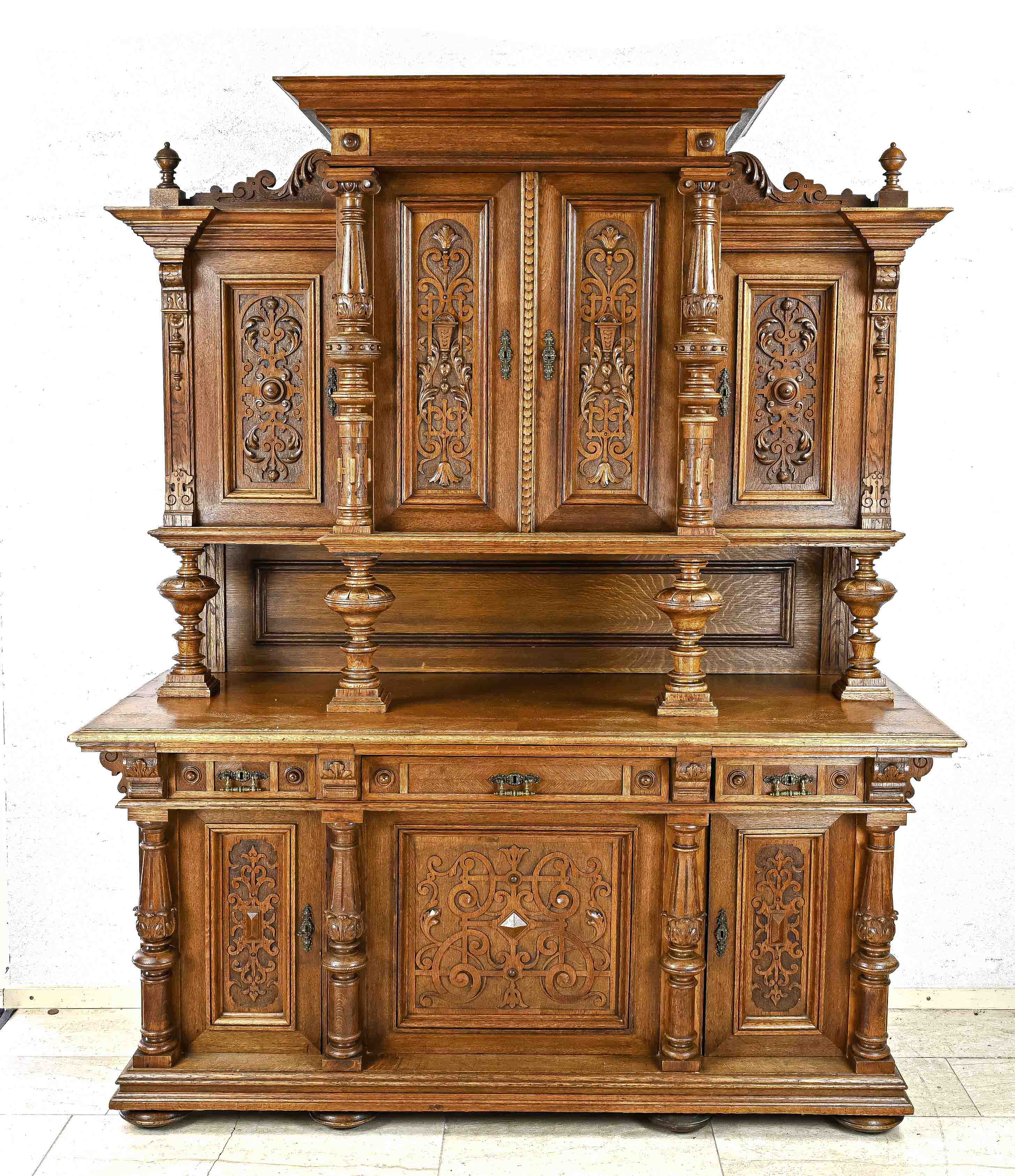 Ornate buffet, Wilhelminian style around 1880, solid oak/veneered, 3-door lower section with