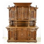 Ornate buffet, Wilhelminian style around 1880, solid oak/veneered, 3-door lower section with