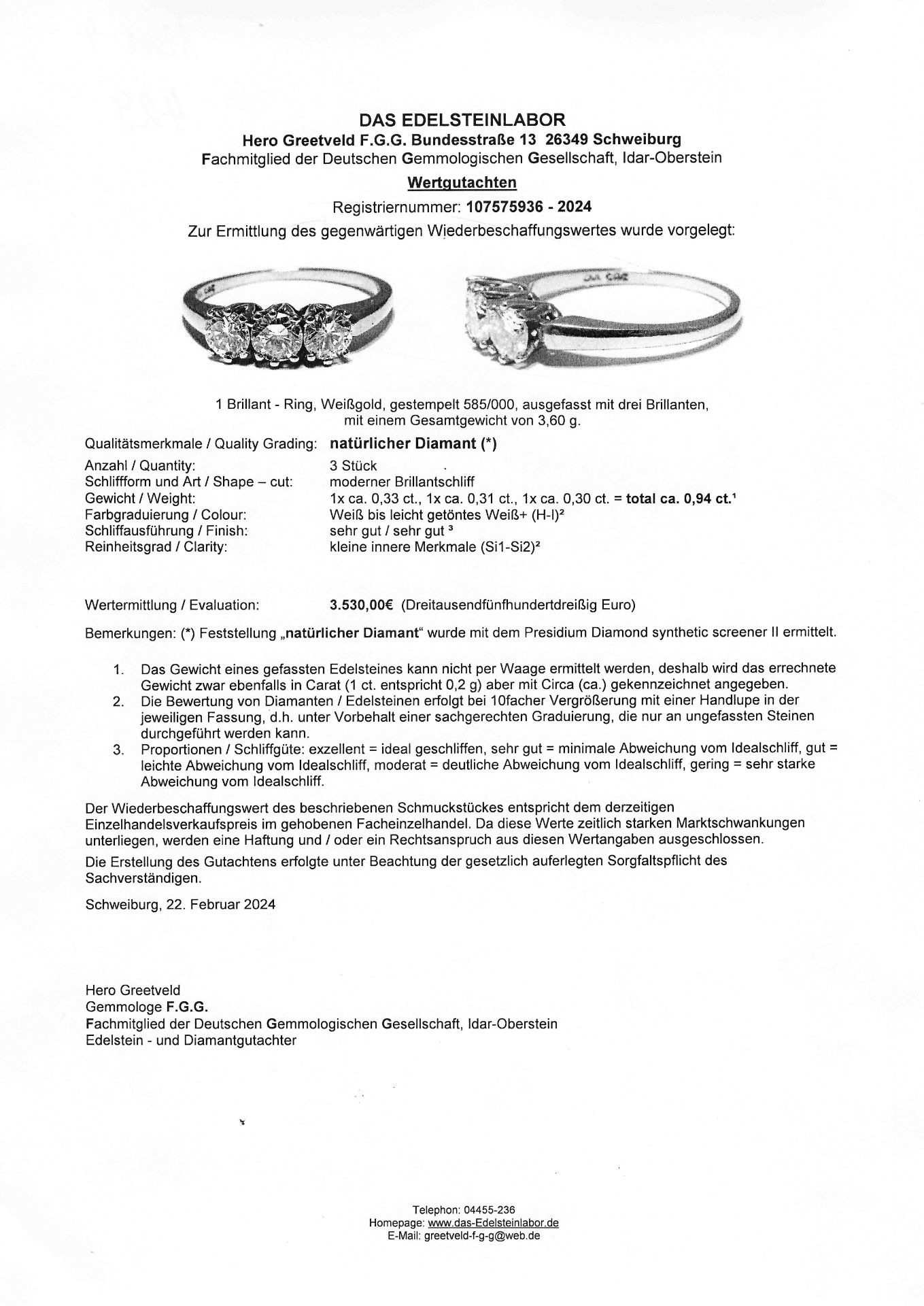 Brilliant ring WG 585/000 with 3 brilliant-cut diamonds, 0.33 ct, 0.31 ct, 0.30 ct, total 0.94 ct - Image 2 of 2