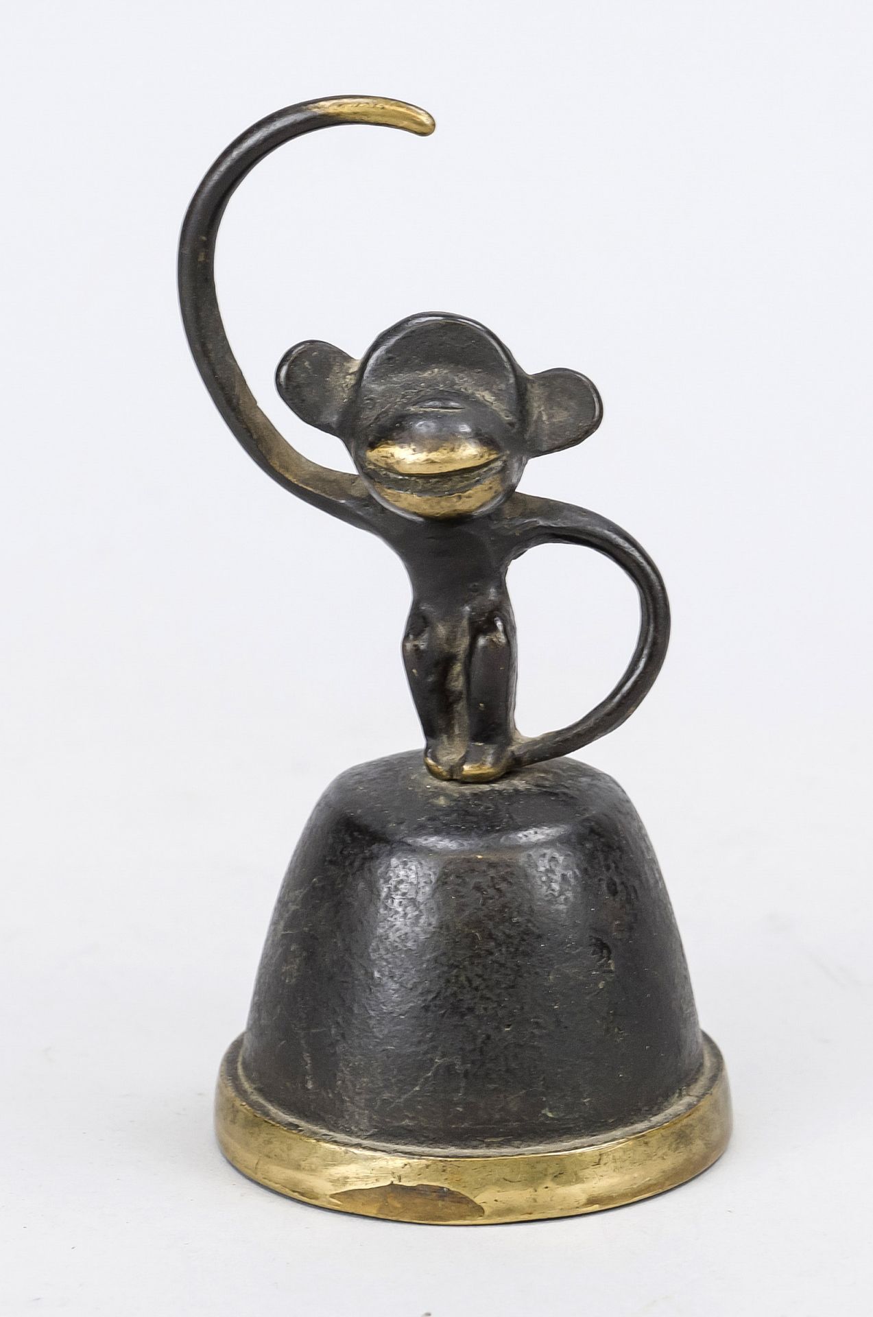 Table bell with monkey as handle, Walter Bosse 1960s, dark patinated bronze, rubbed, h. 14 cm