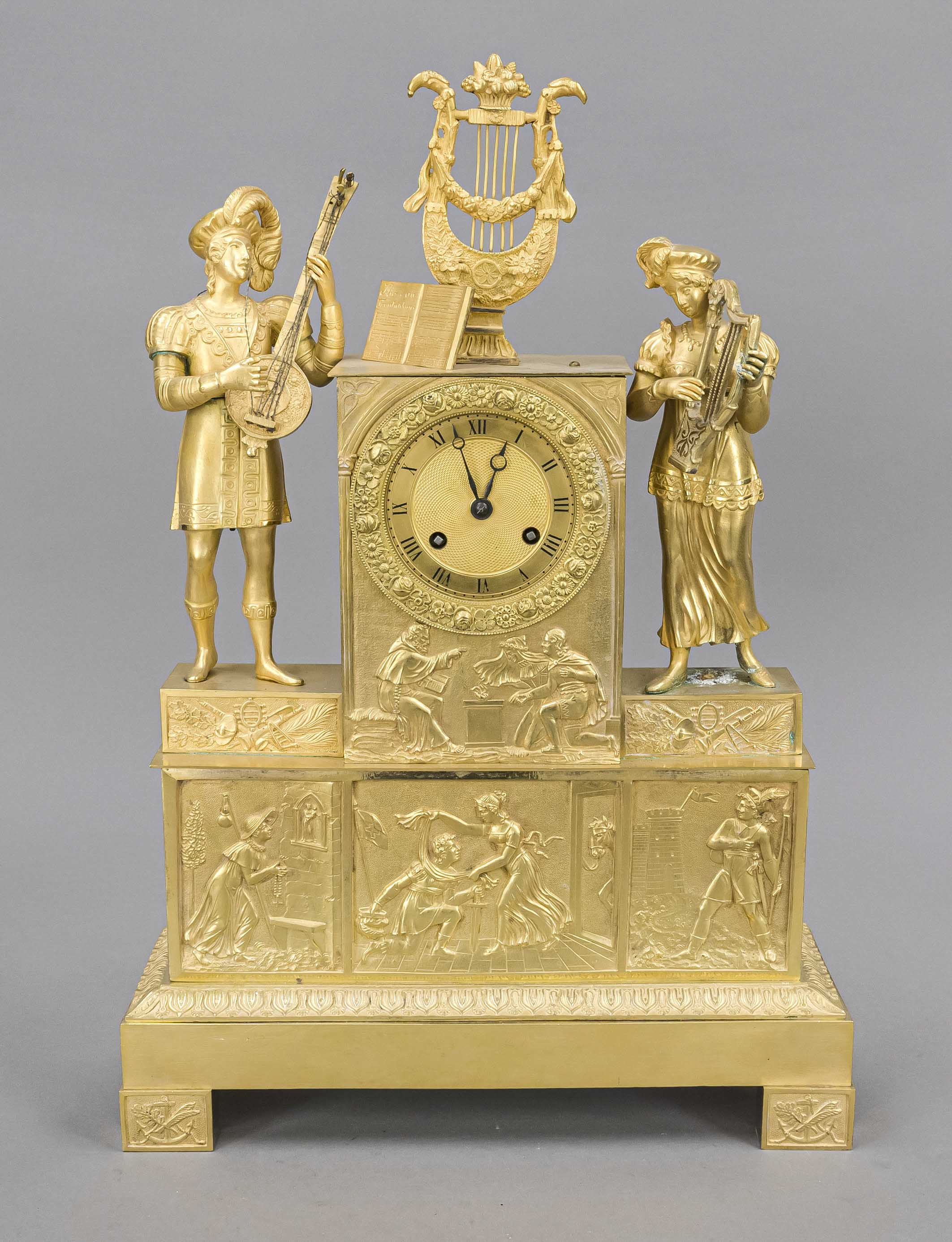 French Empire mantel clock, 1st half 19th century, gilt bronze, polished and satin-finished,